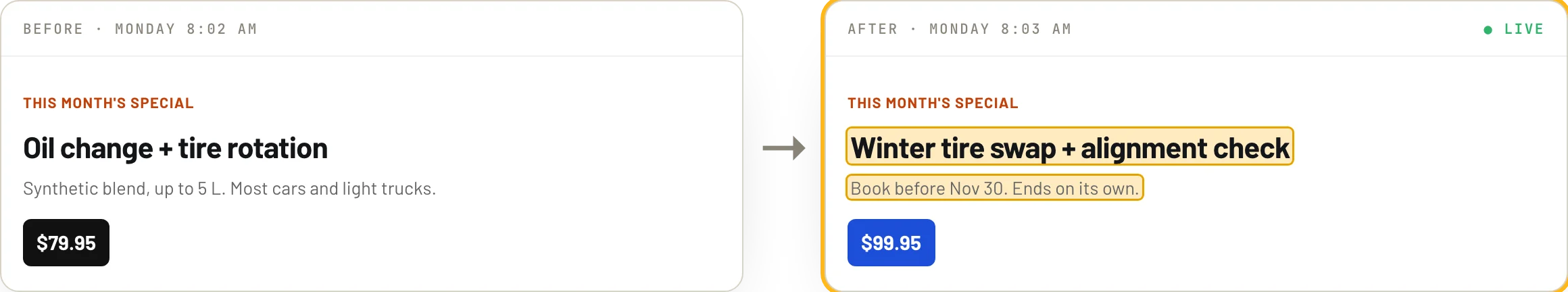 A monthly special changed from a phone in about a minute, from oil change and tire rotation to winter tire swap and alignment check. Example shop and prices.