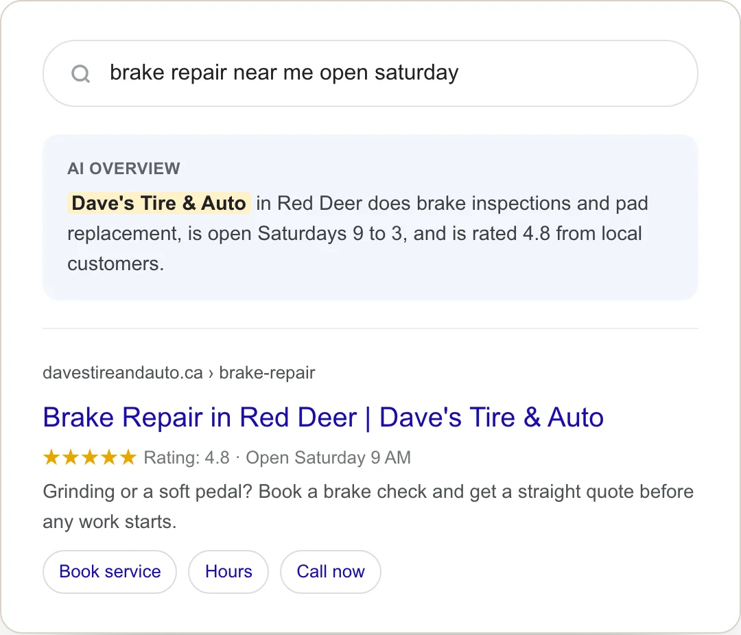Example search for brake repair near me, with the shop's page in the AI overview. Shop name, rating and results are samples.