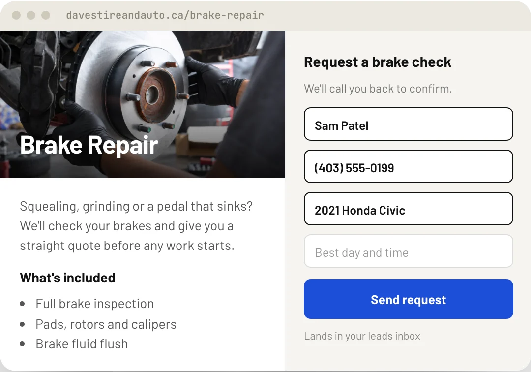 Example brake repair service page with a request form that lands in the leads inbox. Sample shop and customer.