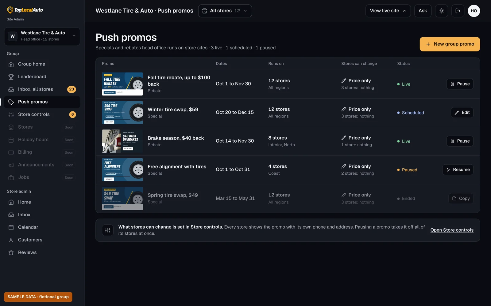 Push promos: one special to every store, each with its own phone and address.