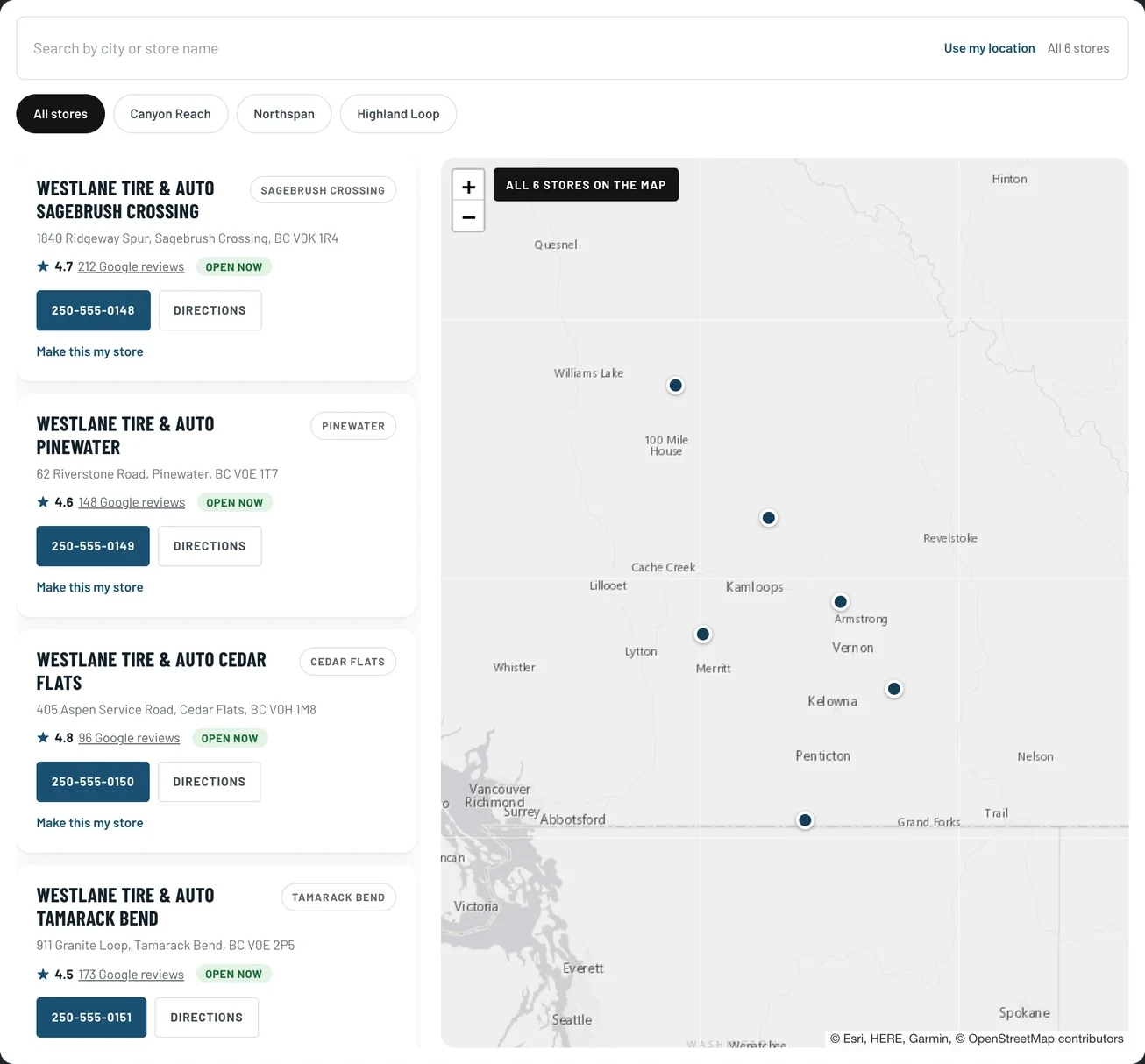 Store finder with demo stores, open now, Google rating and distance